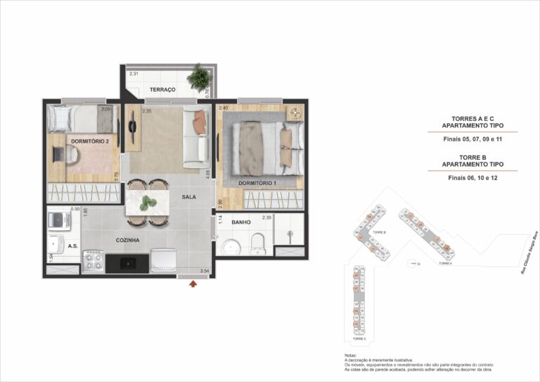 2 Dorms. com Terraço 36,50M²