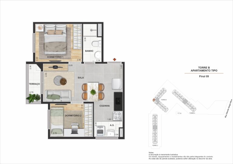 2 Dorms. com Terraço 38,49M²